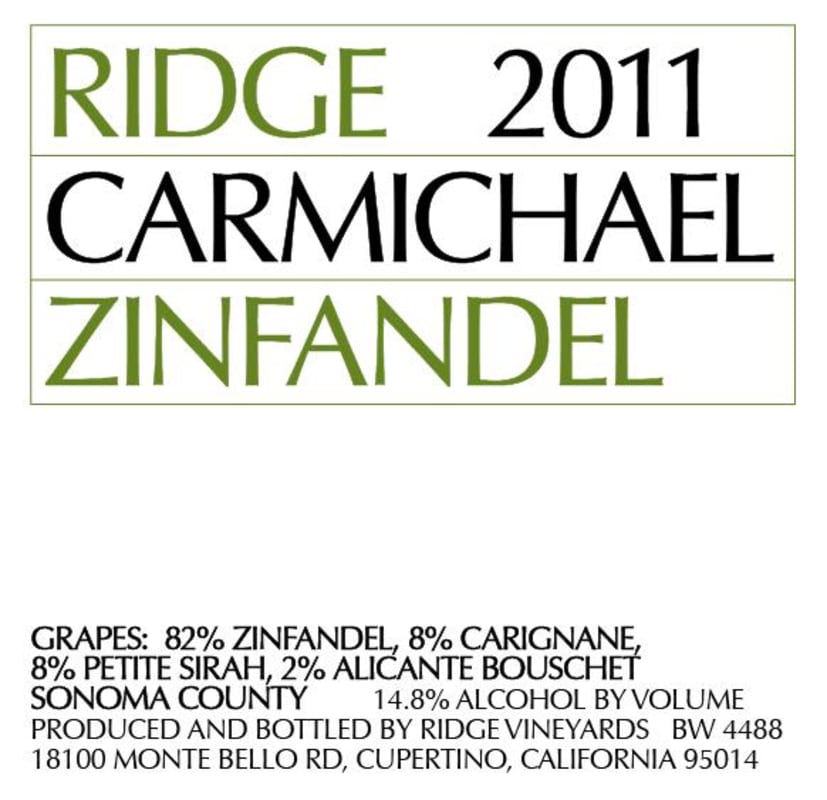 Ridge Carmichael Zinfandel 2011 Front Label