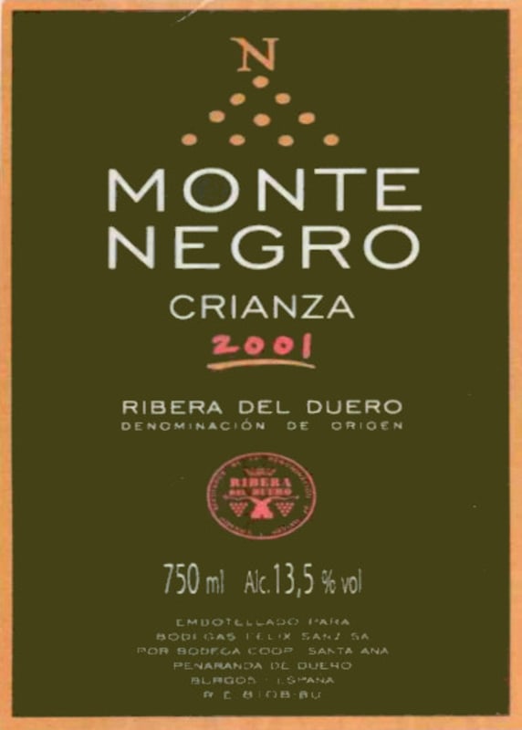 Bodegas Felix Sanz Monte Negro Crianza 2001 Front Label