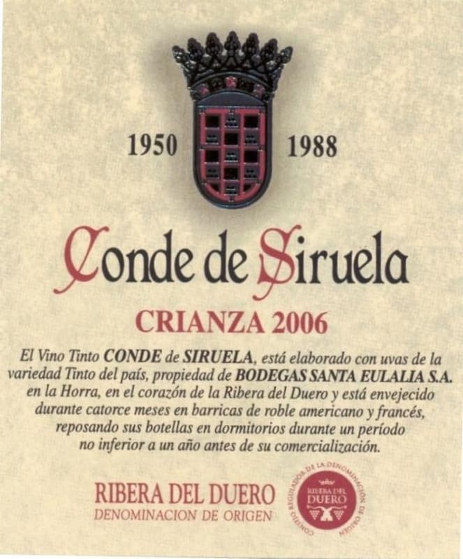 Bodegas Frutos Villar Ribera del Duero Conde de Siruela Crianza 2006 Front Label