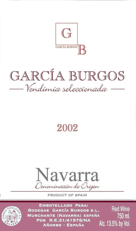 Bodegas Garcia Burgos Vendimia Seleccionada 2002 Front Label