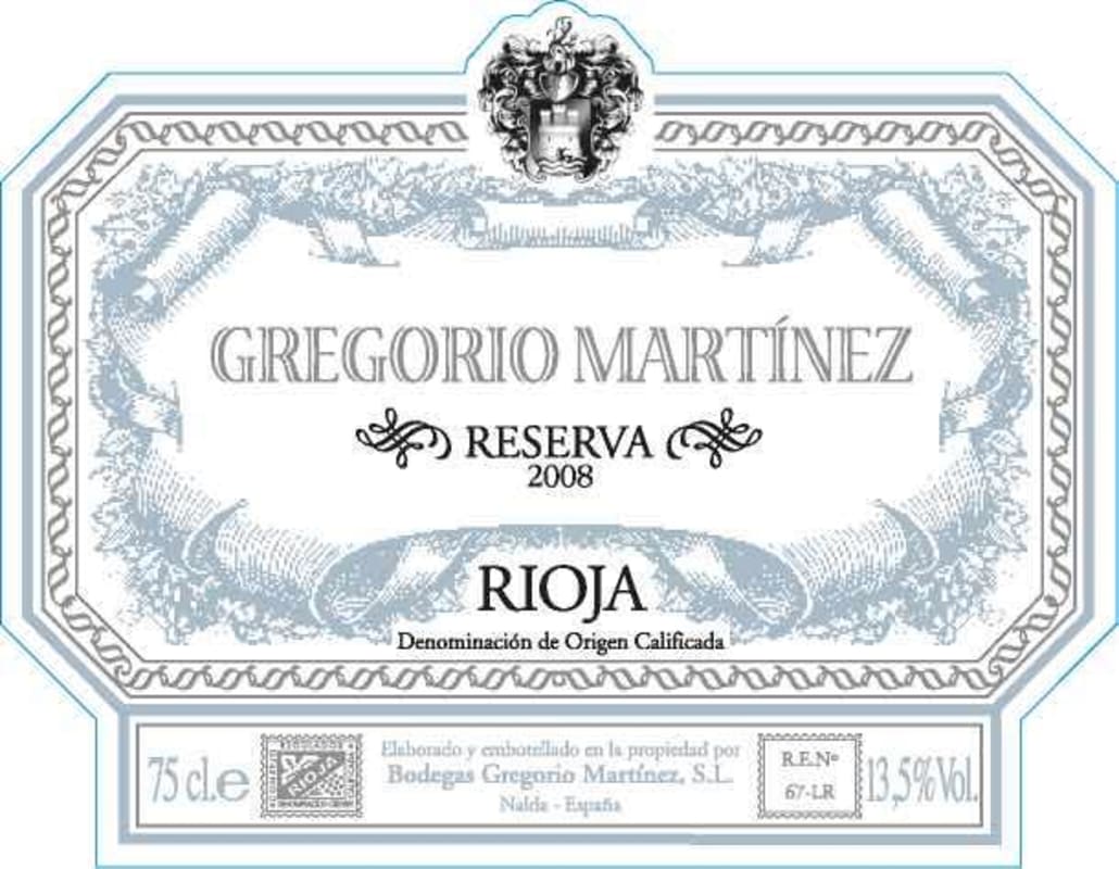 Bodegas Gregorio Martinez Reserva 2008 Front Label