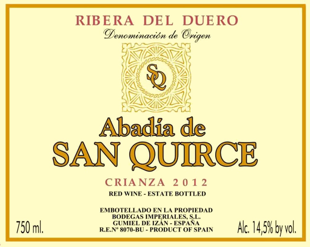 Bodegas Imperiales Abadia de San Quirce Crianza 2012 Front Label