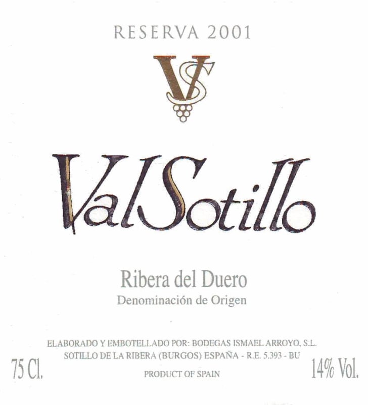 Bodegas Ismael Arroyo Val Sotillo Vinedos Seleccionados VS Reserva 2001 Front Label