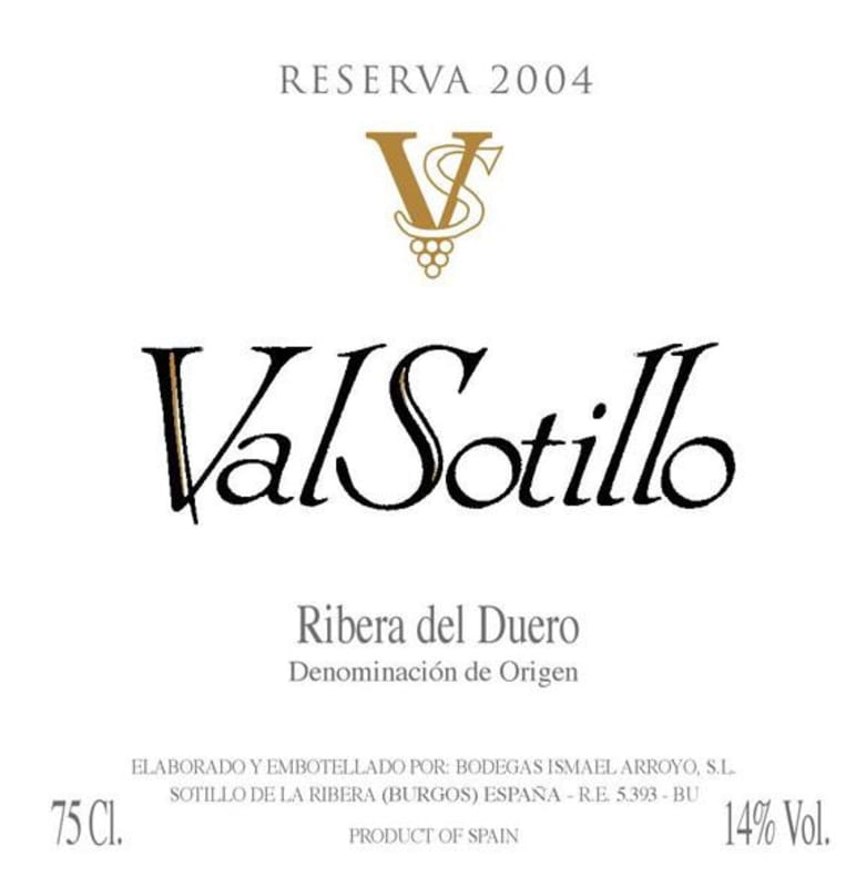 Bodegas Ismael Arroyo Val Sotillo Vinedos Seleccionados VS Reserva 2004 Front Label