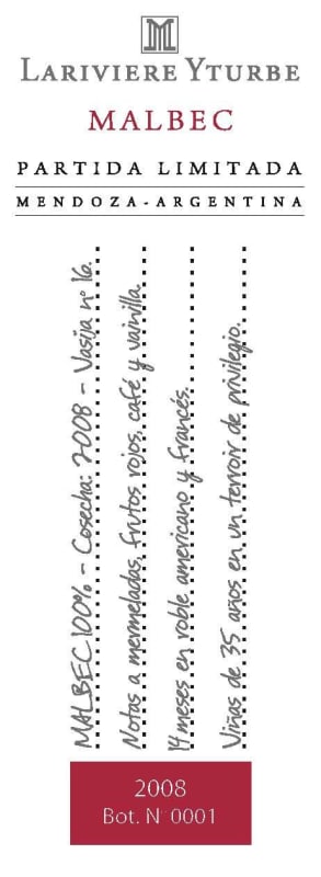 Bodegas Lariviere Yturbe Partida Limitada Malbec 2008 Front Label