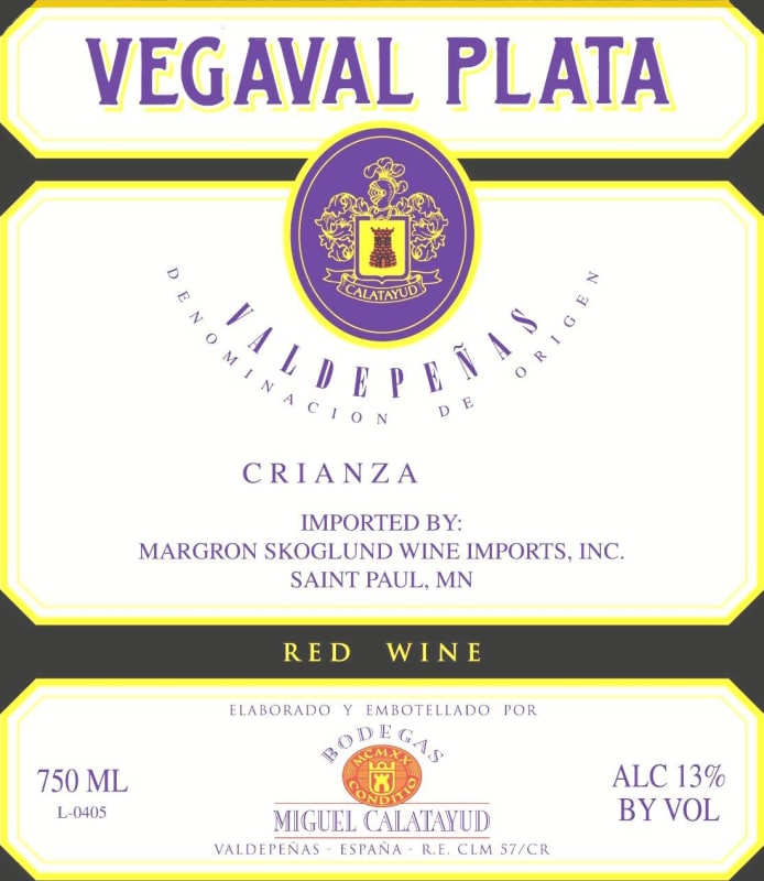 Bodegas Miguel Calatayud Vegaval Plata Crianza 2008 Front Label