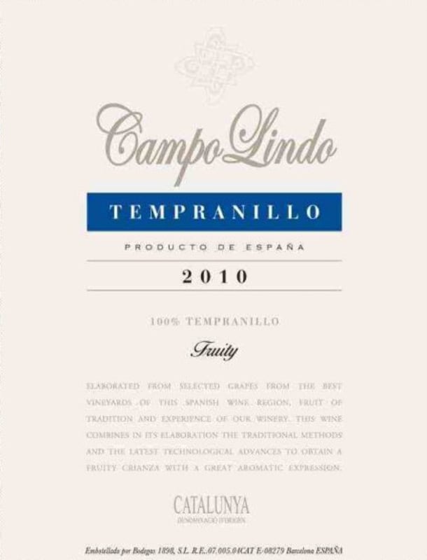 Bodegas Roqueta Campo Lindo Tempranillo 2010 Front Label