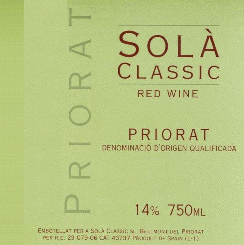 Bodegas Sola Classic Priorat 2012 Front Label