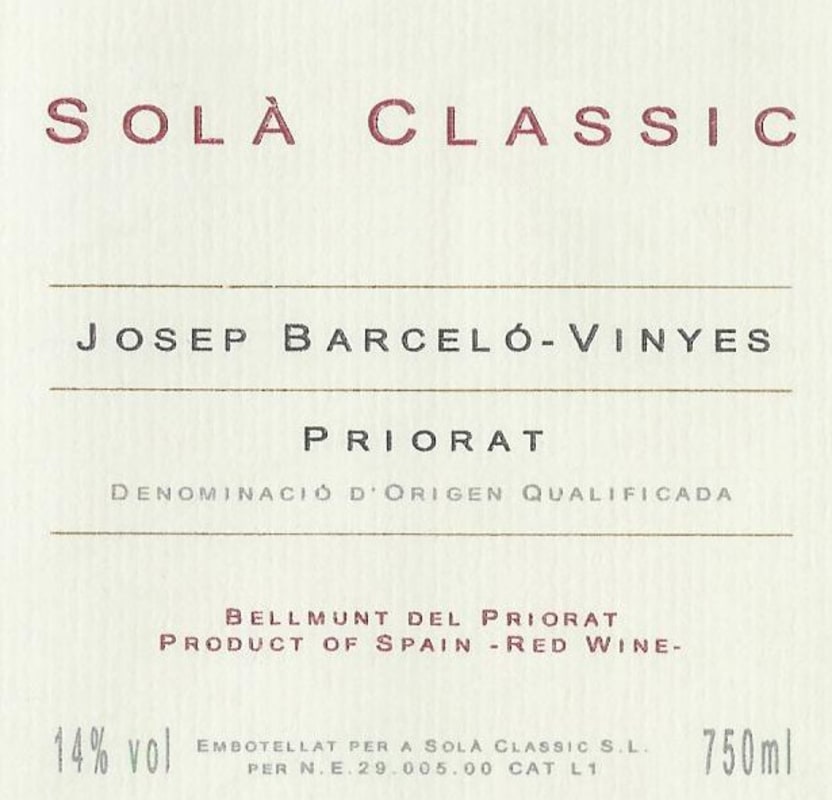 Bodegas Sola Classic Vinyes Josep 2007 Front Label