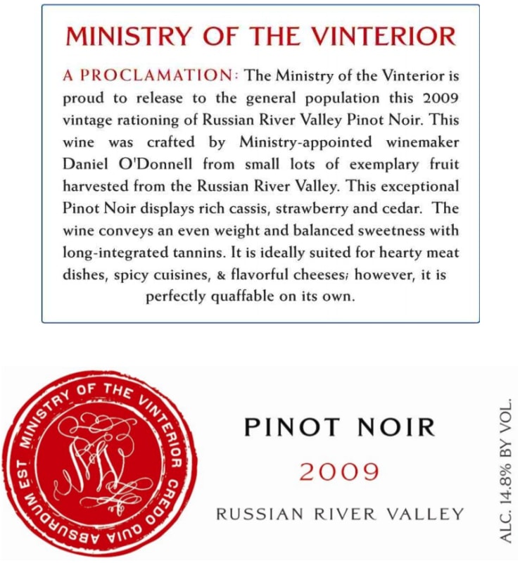 Ministry of Vinterior Russian River Vallay Pinot Noir 2009 Front Label