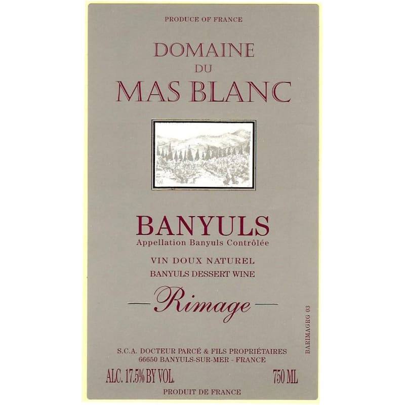 Domaine du Mas Blanc Banyuls Rimage (375ML half-bottle) 2004 Front Label