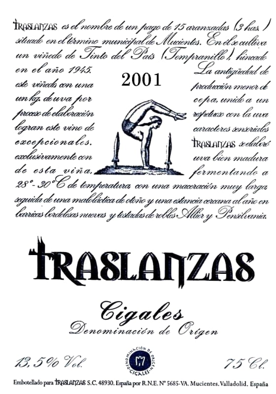 Bodegas Traslanzas Tinto del Pais Cigales 2001 Front Label