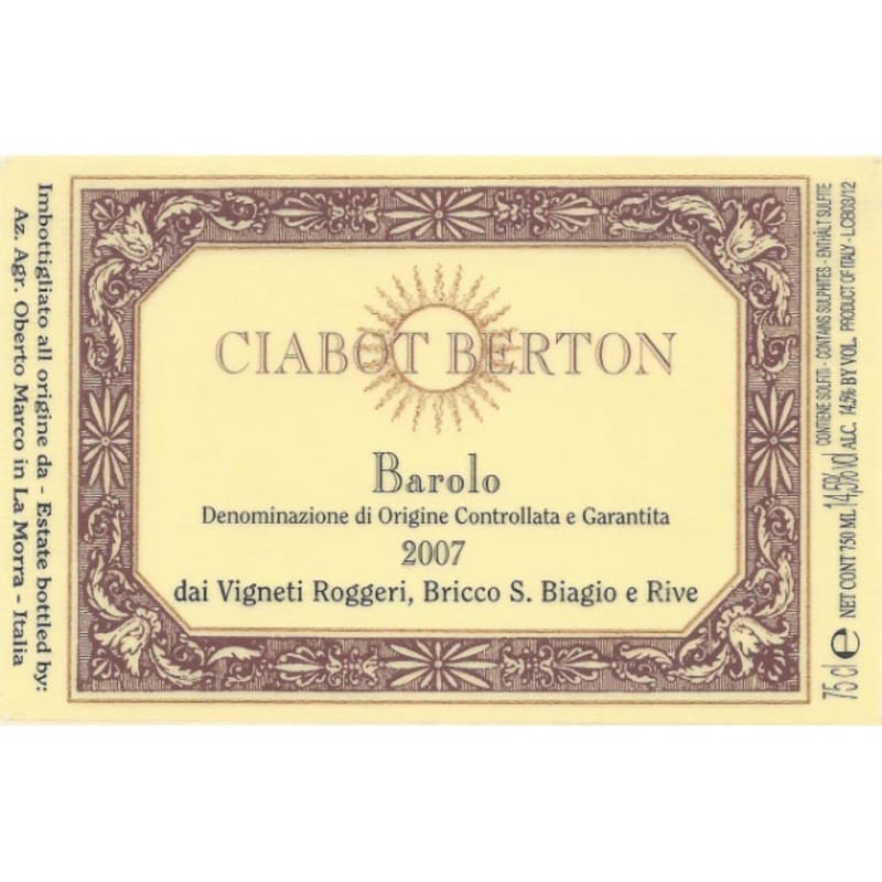 Ciabot Berton Barolo 2007 Front Label