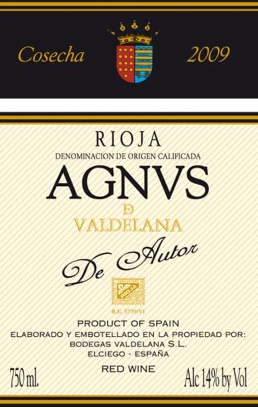 Bodegas Valdelana Agnus de Autor Roble 2009 Front Label