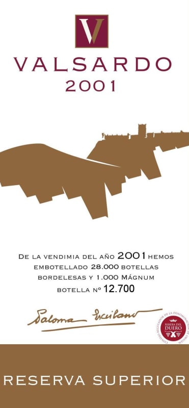 Bodegas Valsardo de Penafiel Reserva Superior 2001 Front Label