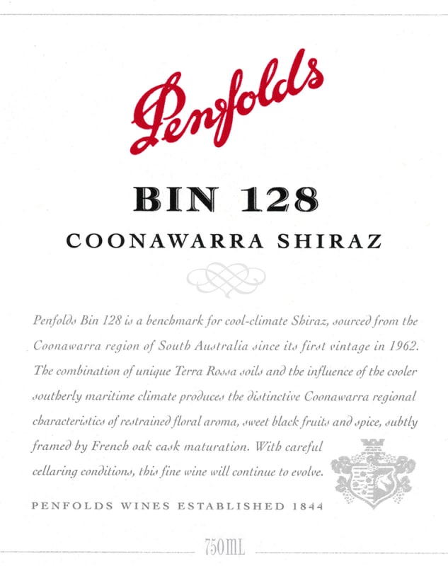 Penfolds Bin 128 Coonawarra Shiraz 1995 Front Label