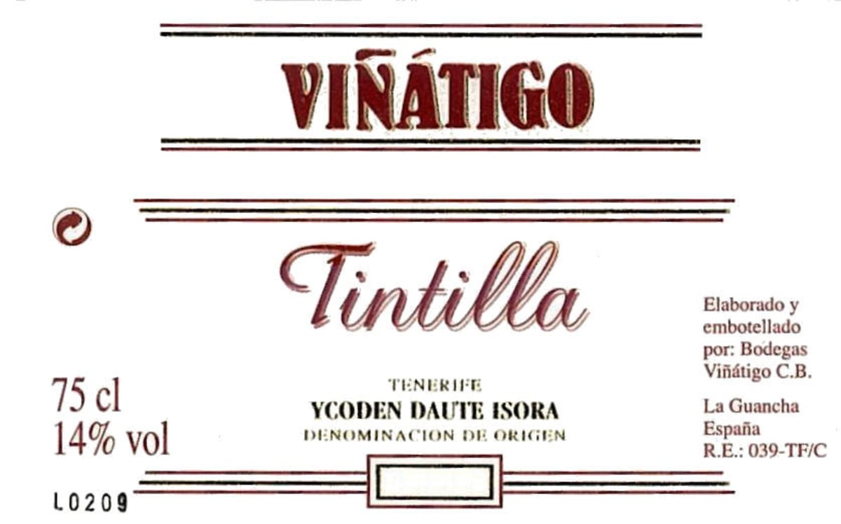 Bodegas Vinatigo Tintilla 2013 Front Label