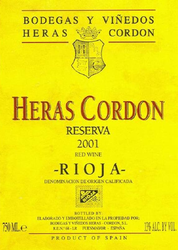 Bodegas y Vinedos Heras Cordon Reserva 2001 Front Label