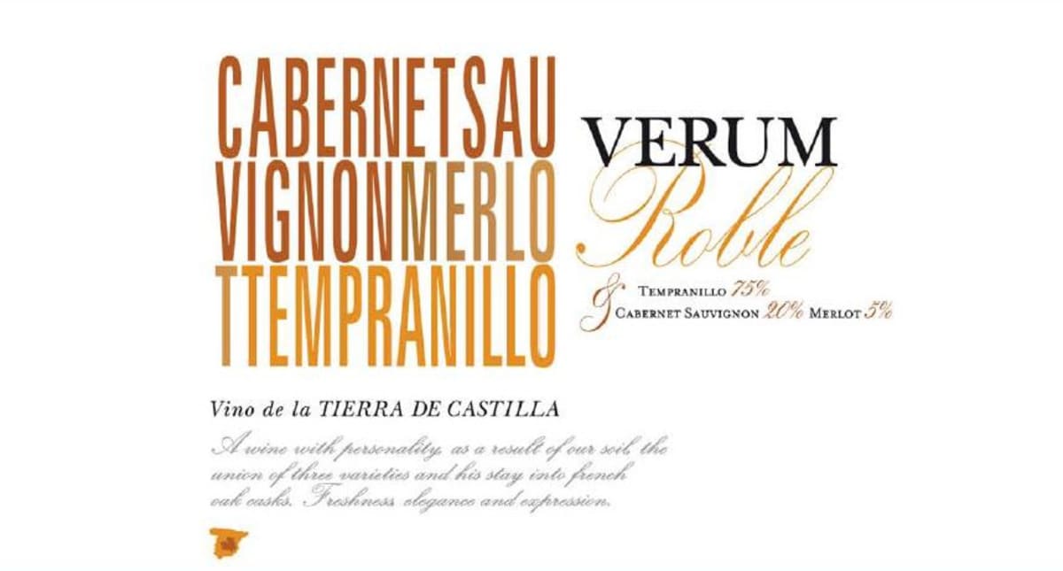 Bodegas y Vinedos Verum Roble Vino de la Tierra Cabernet Sauvignon Merlot Tempranillo 2012 Front Label