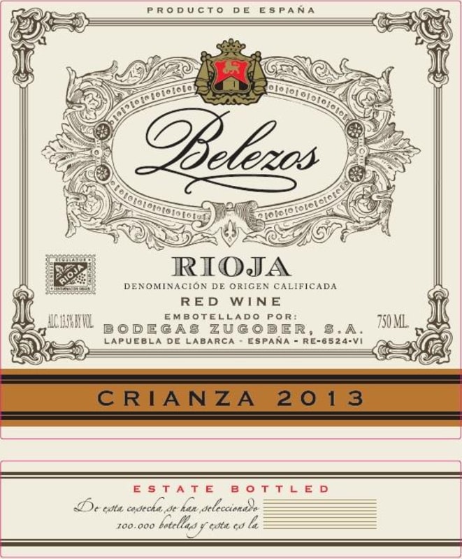 Bodegas Zugober Belezos Crianza 2013 Front Label