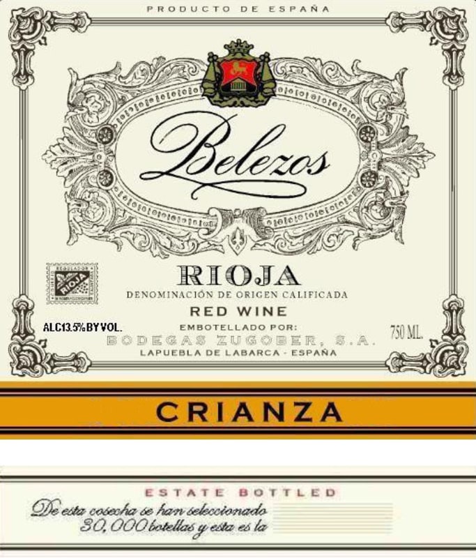 Bodegas Zugober Belezos Crianza 2012 Front Label