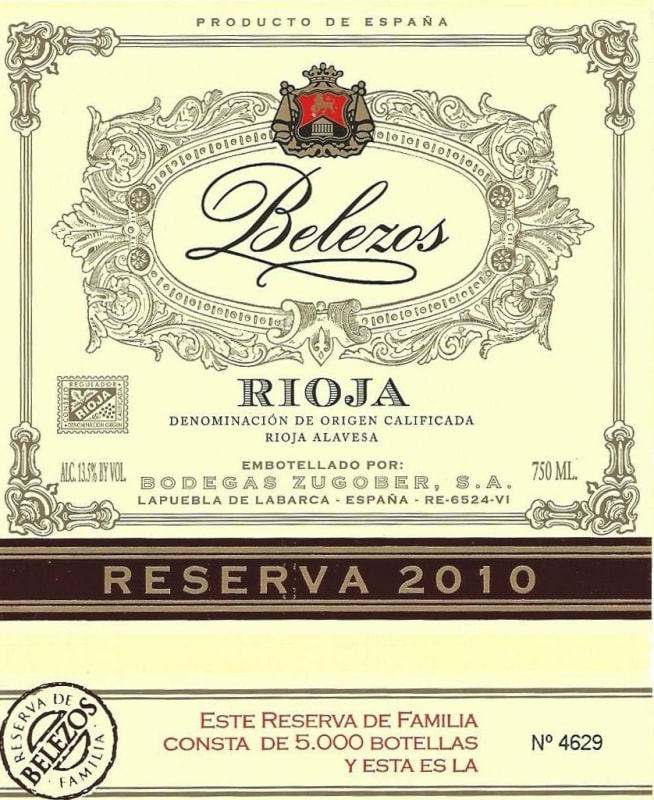 Bodegas Zugober Belezos Reserva 2010 Front Label