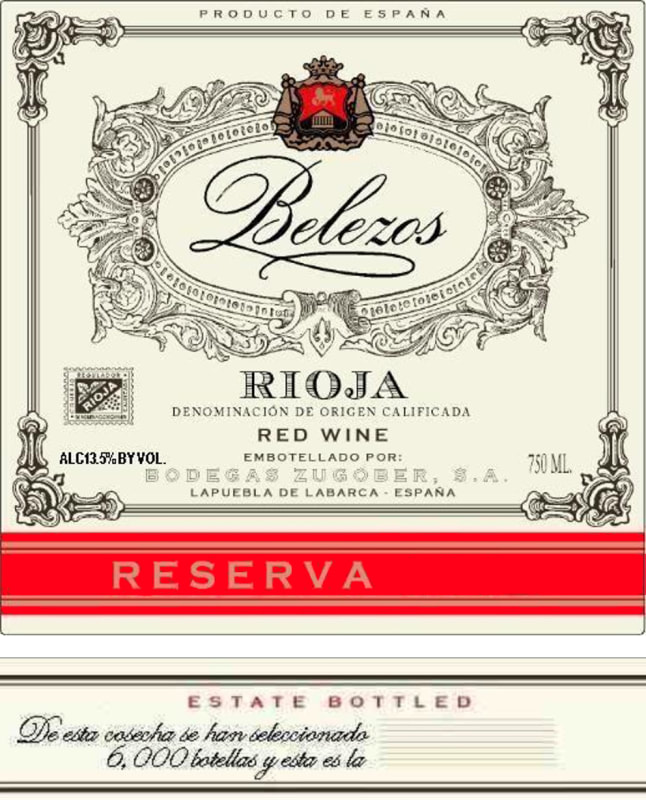 Bodegas Zugober Belezos Reserva 2009 Front Label