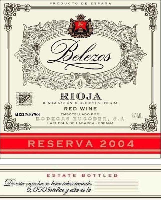 Bodegas Zugober Belezos Reserva 2004 Front Label