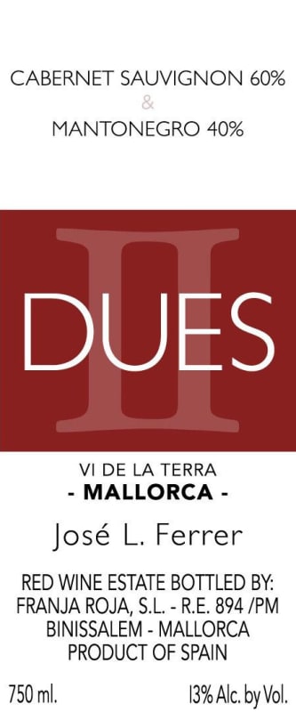 Bodegues Jose L. Ferrer DUES Mantonegro Cabernet Sauvignon 2013 Front Label