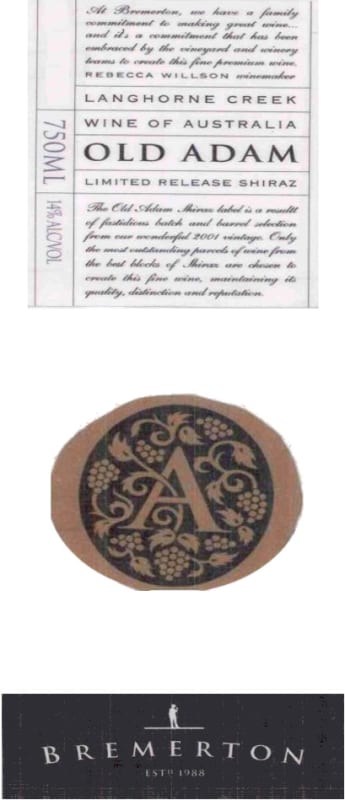 Bremerton Wines Old Adam Shiraz 2008 Front Label