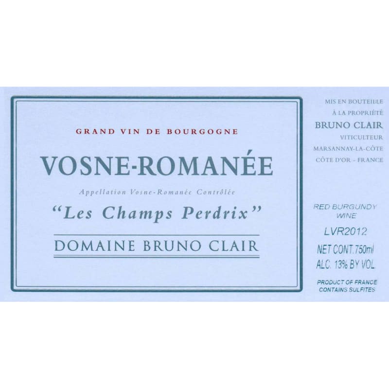 Bruno Clair Vosne Romanee Champs Perdrix 2014 Front Label
