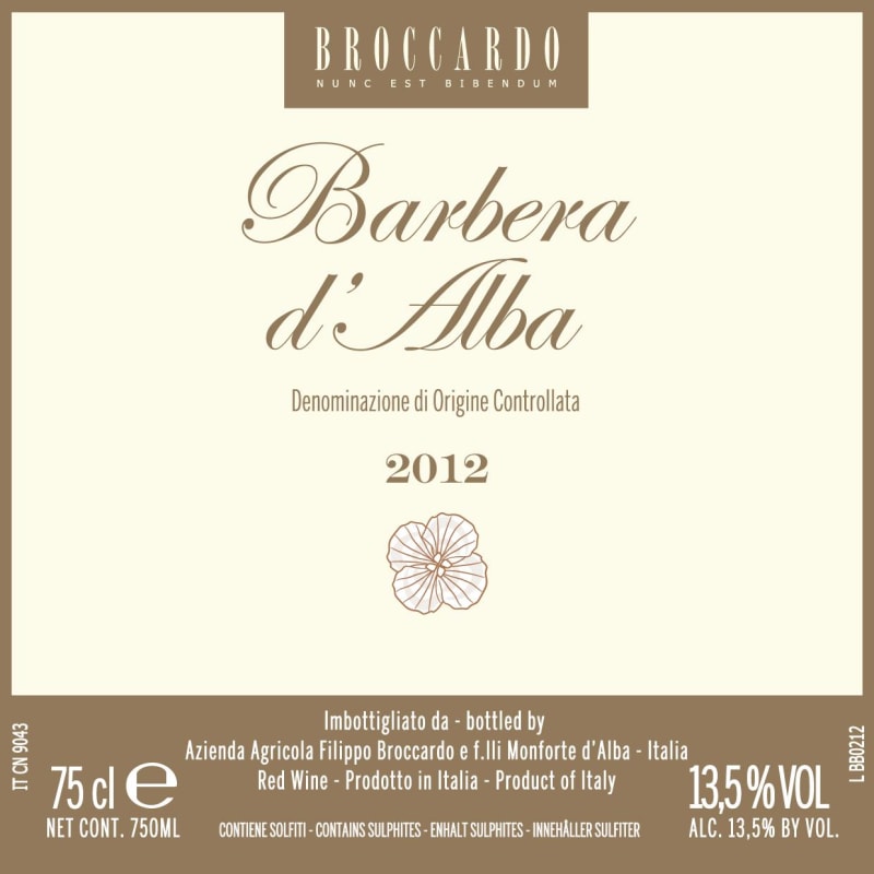Broccardo Barbera d'Alba 2012 Front Label