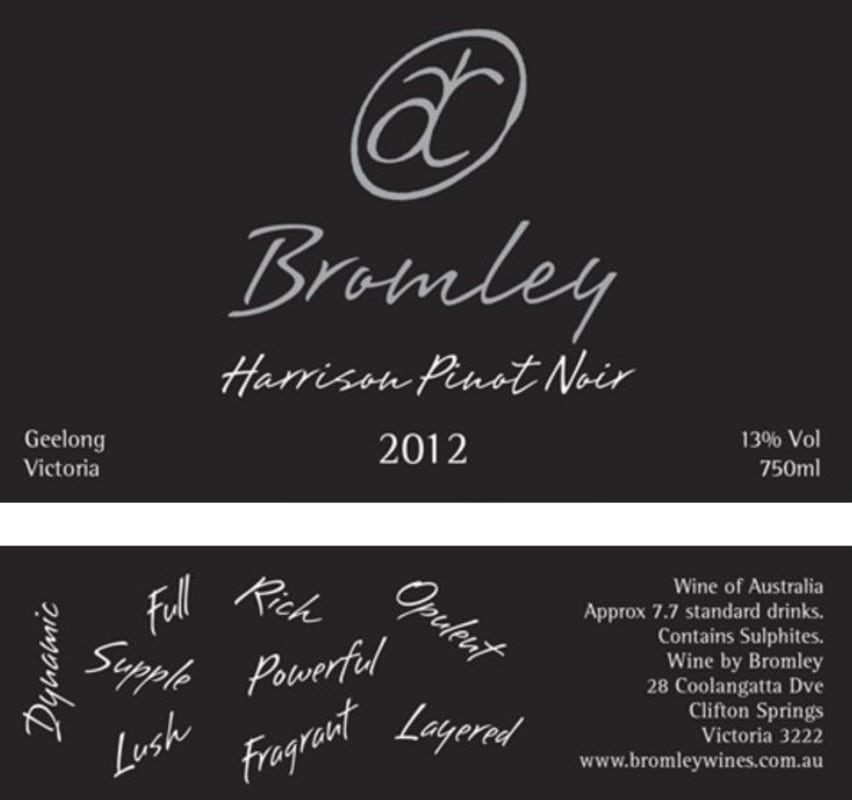 Bromley Wines Harrison Pinot Noir 2012 Front Label
