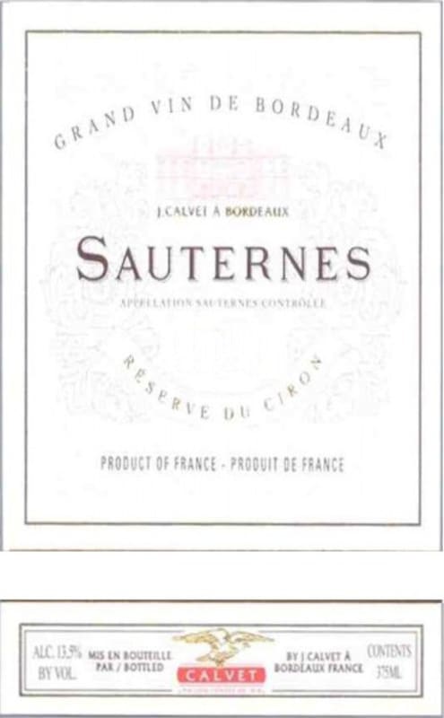 Calvet Sauternes Reserve du Ciron 2012 Front Label