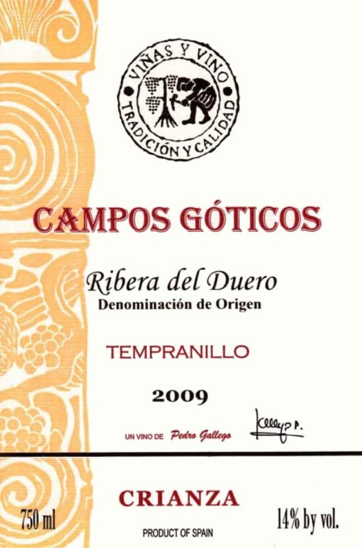Campos Goticos Tempranillo Crianza 2009 Front Label
