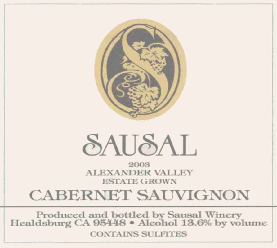 Sausal Winery Estate Cabernet Sauvignon 2003 Front Label