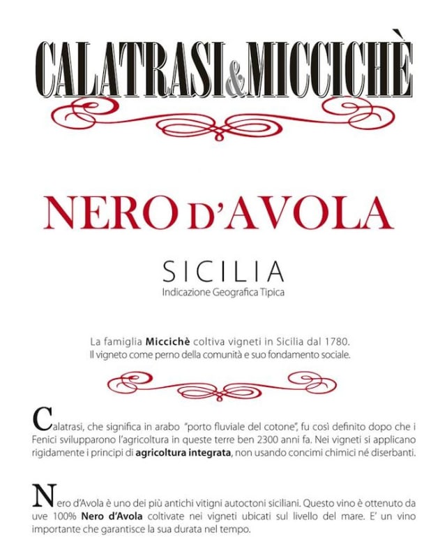 Cantine Calatrasi Sicilia Nero d'Avola 2013 Front Label