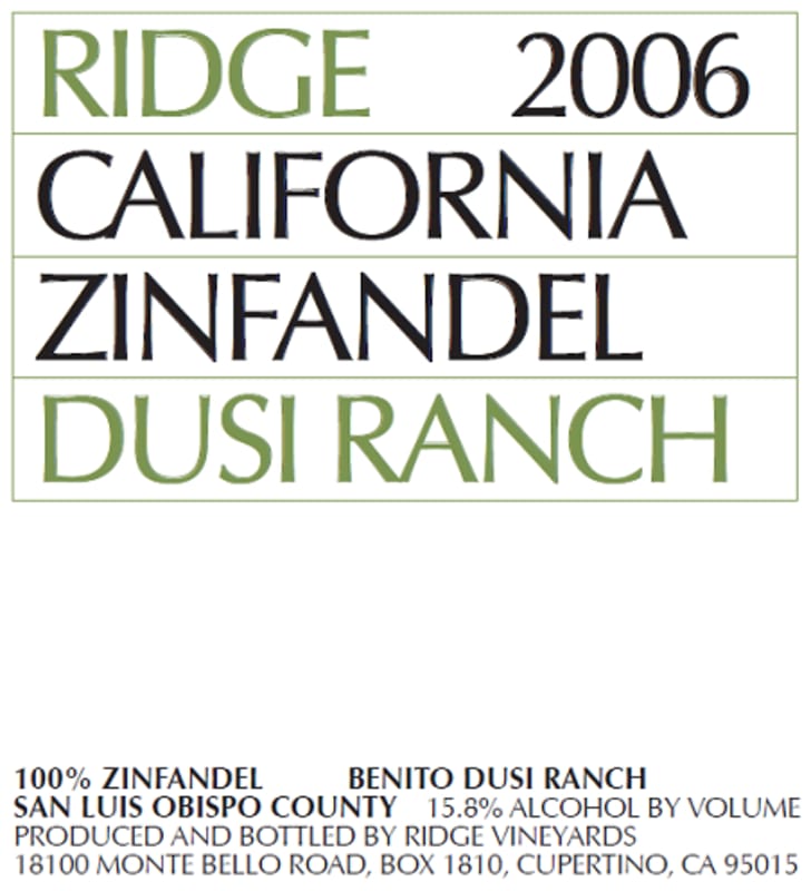 Ridge Dusi Ranch Zinfandel 2006 Front Label