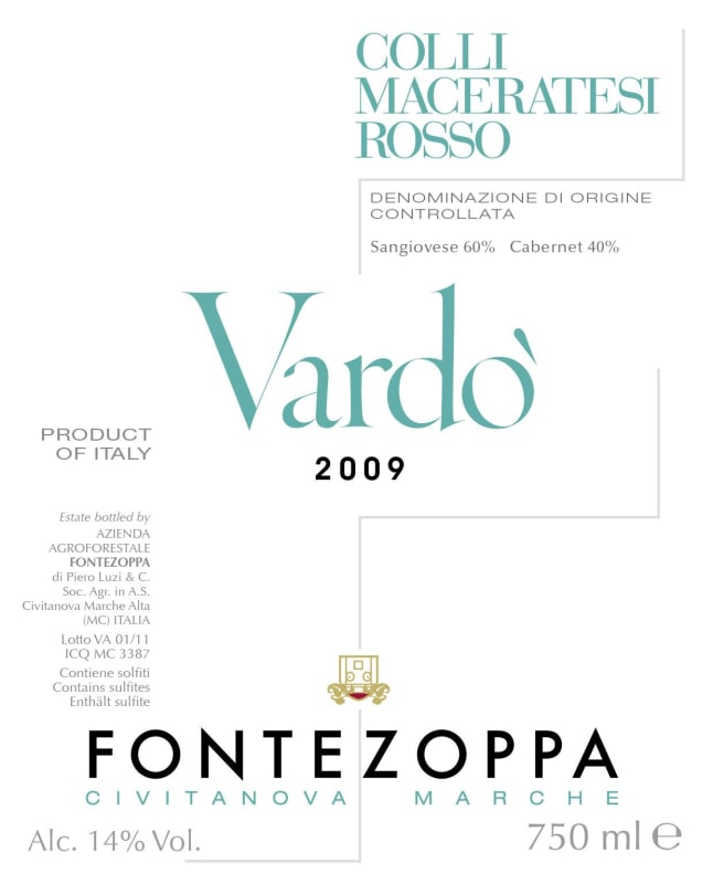 Fontezoppa Colli Maceratesi Vardo Rosso 2009 Front Label