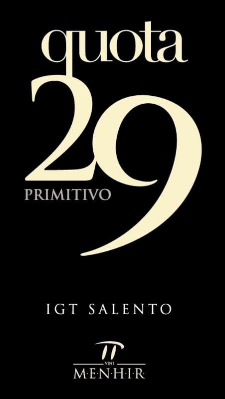 Cantine Menhir Salento Salento Quota 29 Primitivo 2012 Front Label