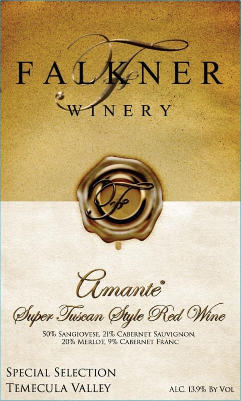Falkner Winery Amante Super Tuscan Style Red 2014 Front Label