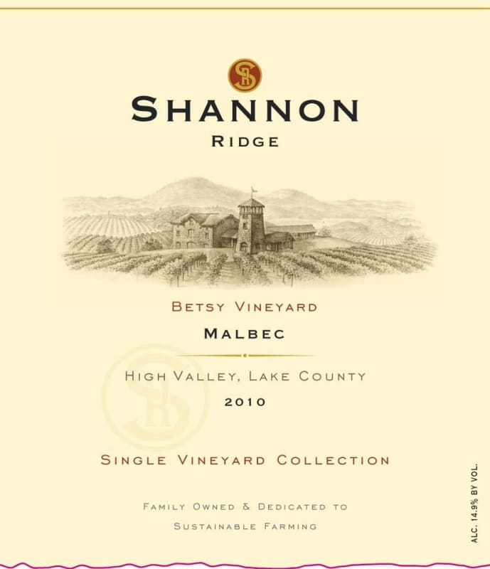 Shannon Ridge Betsy Vineyard Malbec 2010 Front Label