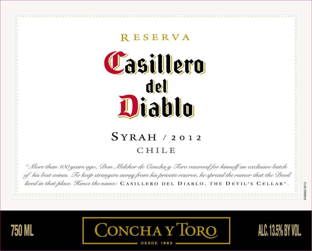 Casillero del Diablo Reserva Shiraz 2012 Front Label