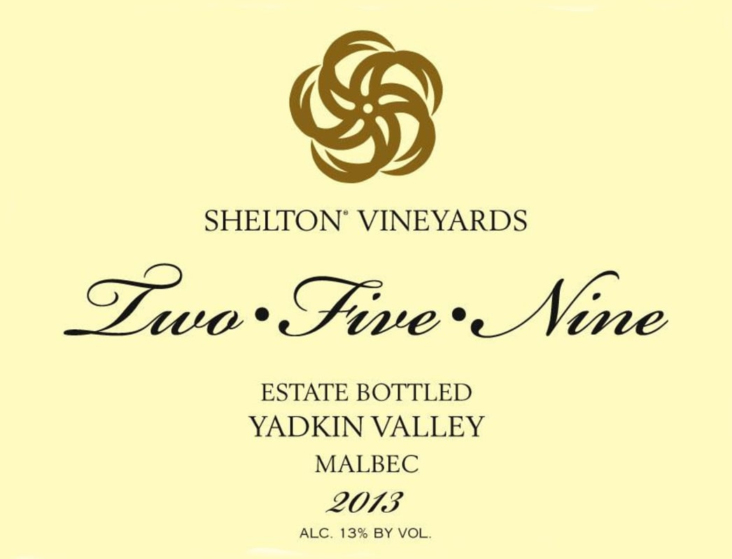 Shelton Two Five Nine Malbec 2013 Front Label