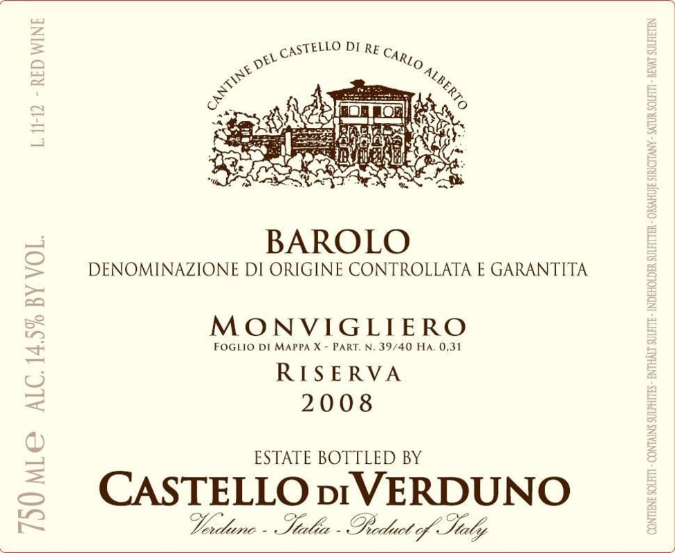 Castello di Verduno Barolo Monvigliero Riserva Vigna 2008 Front Label