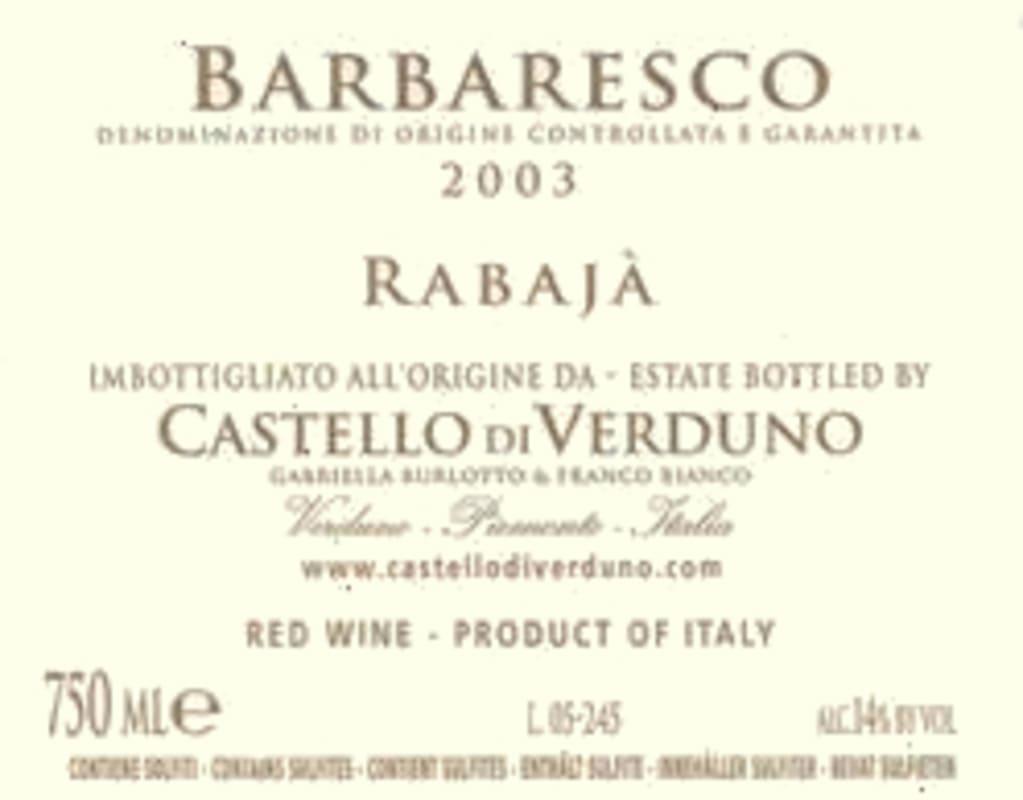 Castello di Verduno Barbaresco Rabaja 2003 Front Label