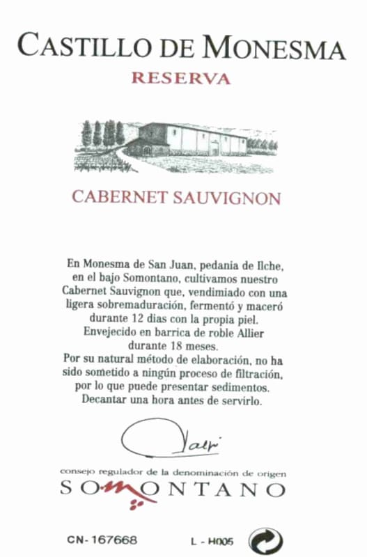 Castillo de Monesma Reserva Cabernet Sauvignon 2007 Front Label