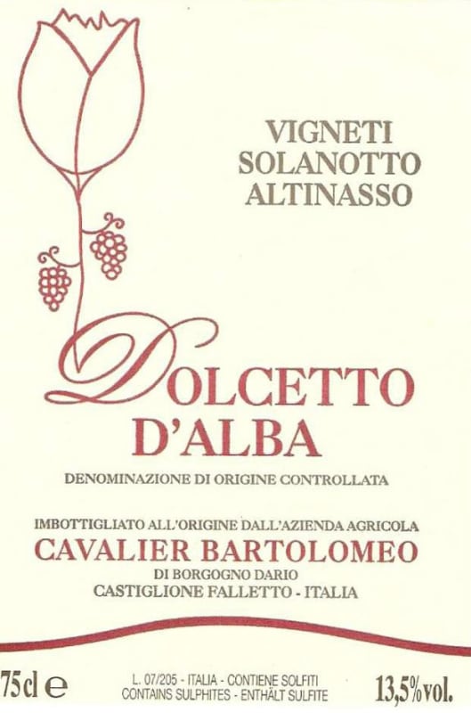 Cavalier Bartolomeo Dolcetto d'Alba Solanotto Altinasso Vigneti 2015 Front Label