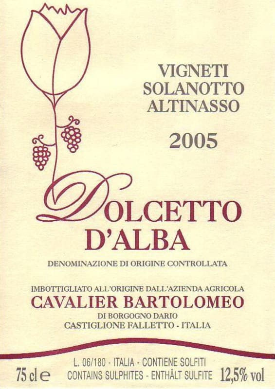 Cavalier Bartolomeo Dolcetto d'Alba Solanotto Altinasso Vigneti 2005 Front Label