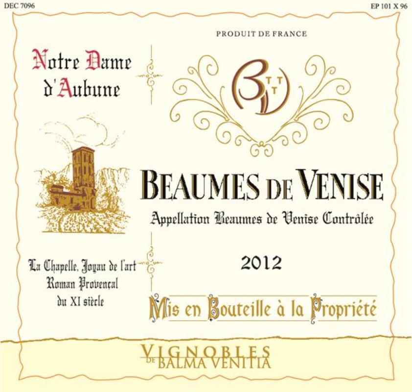 Cave Balma Vénitia Beaumes de Venise Notre Dame d'Aubune La Chapelle 2012 Front Label